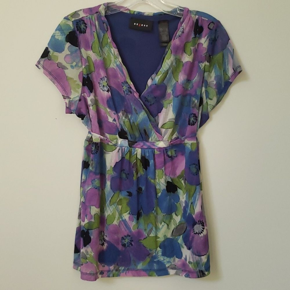 Axcess Top Womens sz Large Y2K Floral Faux Wrap Bodice Empire Waist Fairy